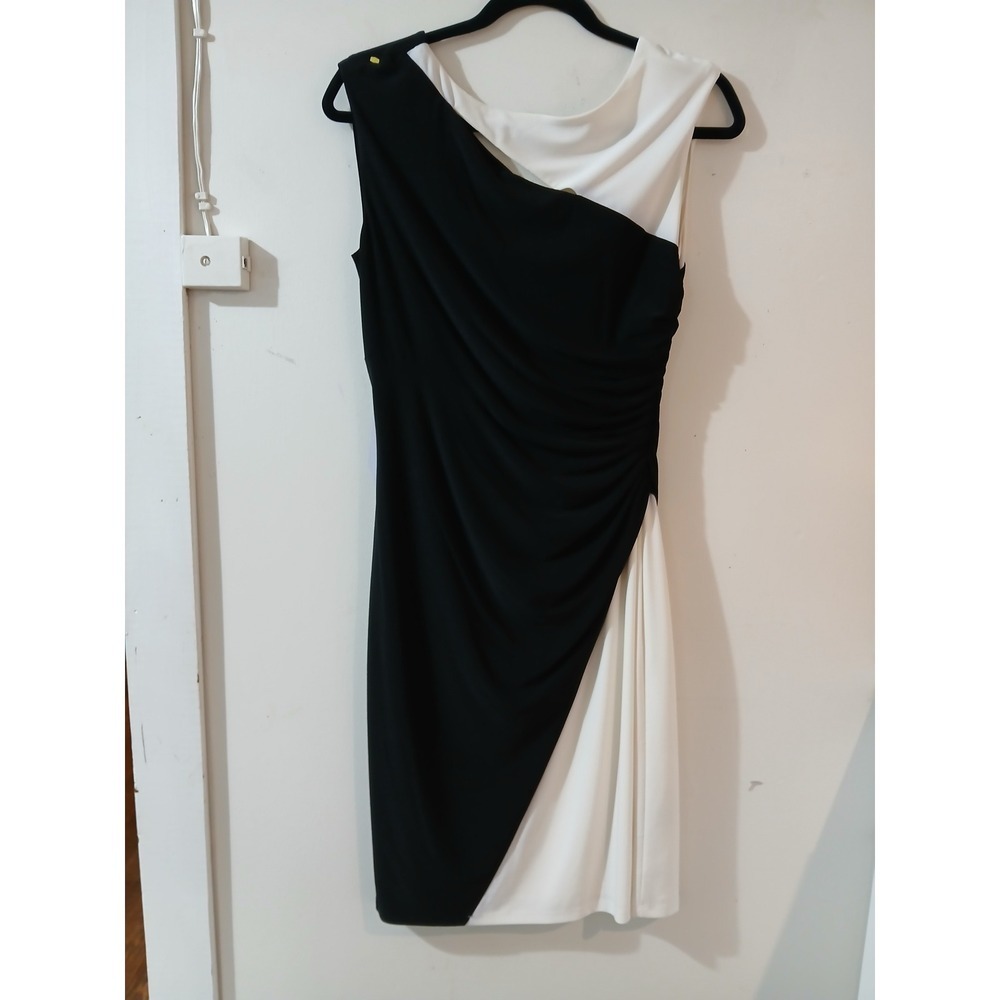 Lauren Ralph Lauren Black White Asymmetrical Ruched Sheath Dress Size 8
